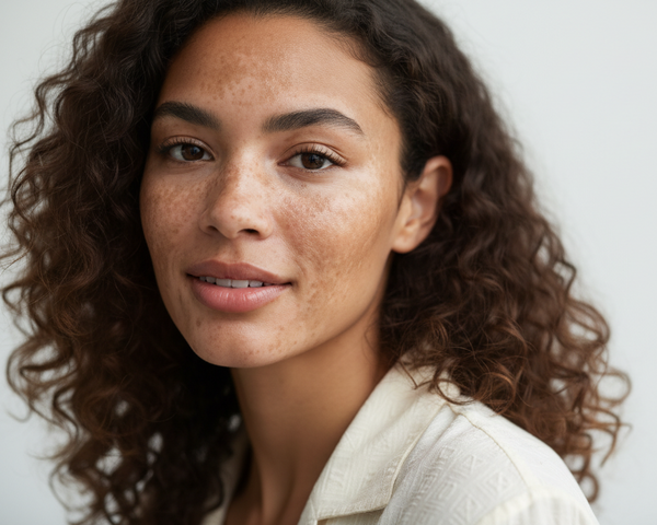 A female model with pigmentation on her face.