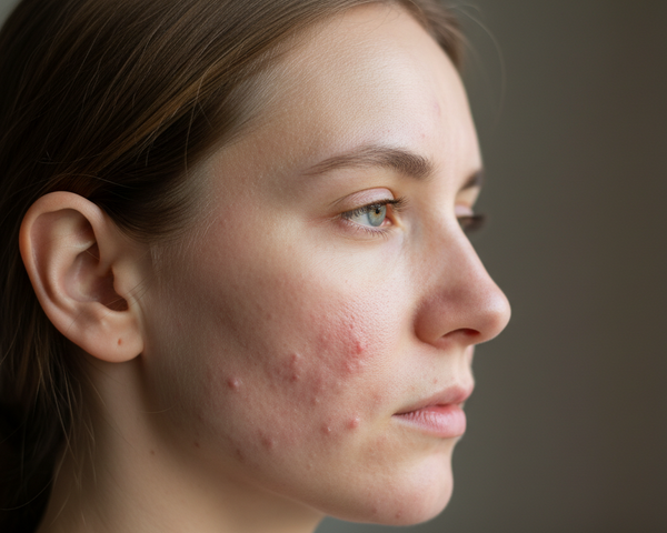 A girl model with red acne on face. I want the zoomed side view of the face.